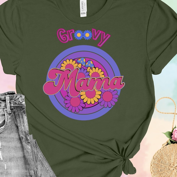 Retro Groovy Mama tshirt, Mod design & colors, Cool, Festive, Flowers, Mushrooms, Mother's Day, Mother's Day Gift, Gift for Mother, Mom Gift