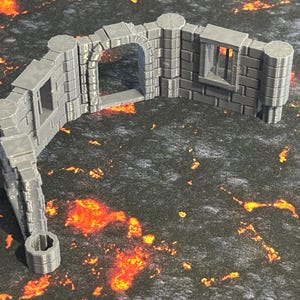 May include: A gray, 3D printed, modular, stone wall section with a large arched doorway and a smaller window. The wall section is designed for use in tabletop games or miniature dioramas.