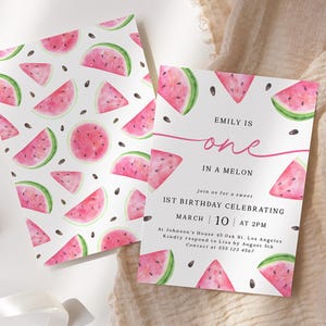 May include: Watermelon-themed first birthday party invitation with pink and green watercolor illustrations of watermelon slices and seeds. The text reads "Emily is one in a melon. Join us for a sweet 1st birthday celebrating March 10 at 2 PM. At Johnson's House 45 Oak St. Los Angeles. Kindly respond to Lisa by August 5th. Contact at 555 123 4567."