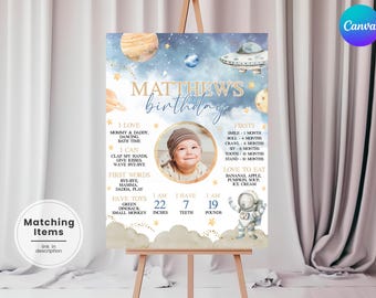 Space 1st Birthday Milestone Sign, Astronaut First Year Milestone Board, First Trip Around Milestone Poster, Outer Space Birthday Stats AT1