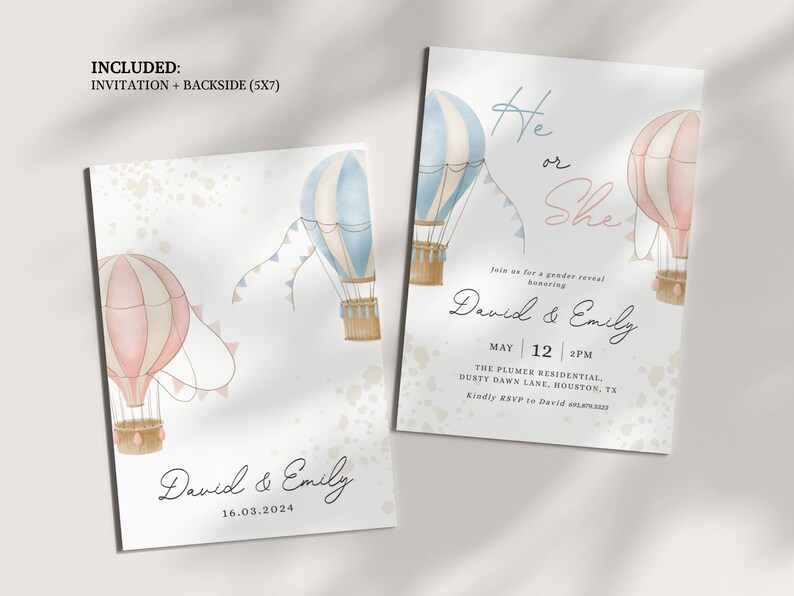 Hot Air Balloon Gender Reveal Invite, Gender Reveal Invitation Template, He or She Reveal Party Invite, Balloon Baby Gender Reveal Invite image 2