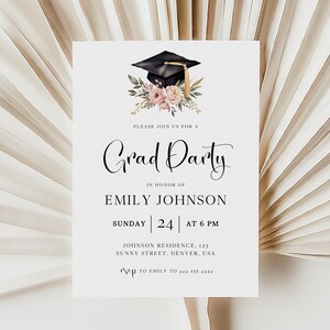 May include: A graduation party invitation with a black mortarboard and floral accents. The invitation reads "Grad Party" and includes the honoree's name, date, time, and location. The Canva logo is in the upper right corner.