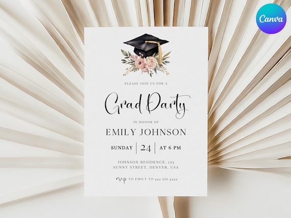 Boho Graduation Party Invitation Minimalist Graduation Invite Girls Grad Party Invitation Editable Floral Graduate Announcement Card