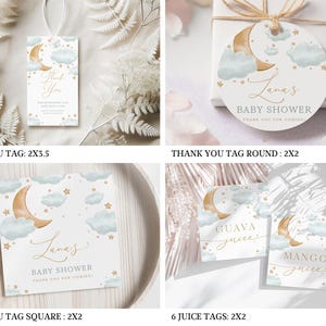 May include: A collection of baby shower-themed tags and labels. Designs include a crescent moon, clouds, and stars in gold and blue. Text includes "Thank You" and "Baby Shower" with the name "Lana's". There are also juice tags with "Guava Juice" and "Mango Juice".