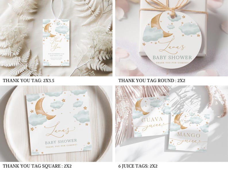 May include: A collection of baby shower-themed tags and labels. Designs include a crescent moon, clouds, and stars in gold and blue. Text includes "Thank You" and "Baby Shower" with the name "Lana's". There are also juice tags with "Guava Juice" and "Mango Juice".