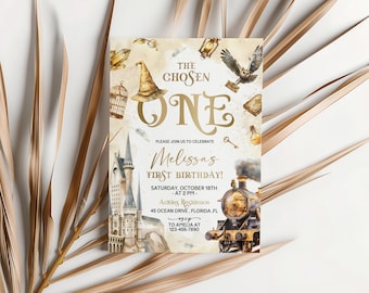 Chosen One Birthday Invitation, Magician First Birthday Invite, School of Magic Birthday Party Evite, Wizard 1st Bday Electronic Invite WZ1