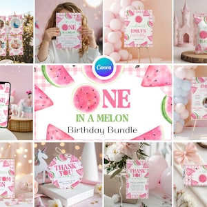 Peut inclure: Ensemble de décorations de fête d'anniversaire sur le thème de la pastèque, roses et vertes. Les designs incluent des invitations, des panneaux et des étiquettes de remerciement. L'expression "One in a Melon" est présente sur plusieurs articles.