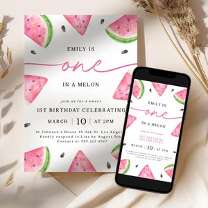 May include: Watermelon-themed first birthday party invitation with pink and green watercolor illustrations of watermelon slices. The invitation reads "Emily is one in a melon" and includes the date and time of the party.