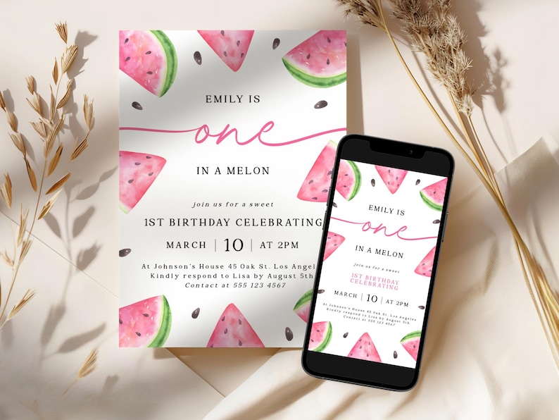 May include: Watermelon-themed first birthday party invitation with pink and green watercolor illustrations of watermelon slices. The invitation reads "Emily is one in a melon" and includes the date and time of the party.