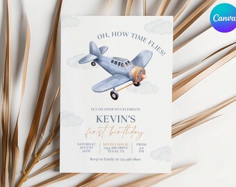 May include: A blue and white airplane with clouds in the background. The text "OH, HOW TIME FLIES!" is at the top of the invitation. The text "FLY ON OVER TO CELEBRATE KEVIN'S first birthday" is in the center of the invitation. The text "SATURDAY AUGUST 19TH" is in the bottom left corner. The text "KEVIN'S HOUSE 1234 AIR DRIVE TEXAS, TX FROM 2-5 PM" is in the bottom center. The text "Rsvp to Emily at 123-456-7890" is in the bottom right corner.