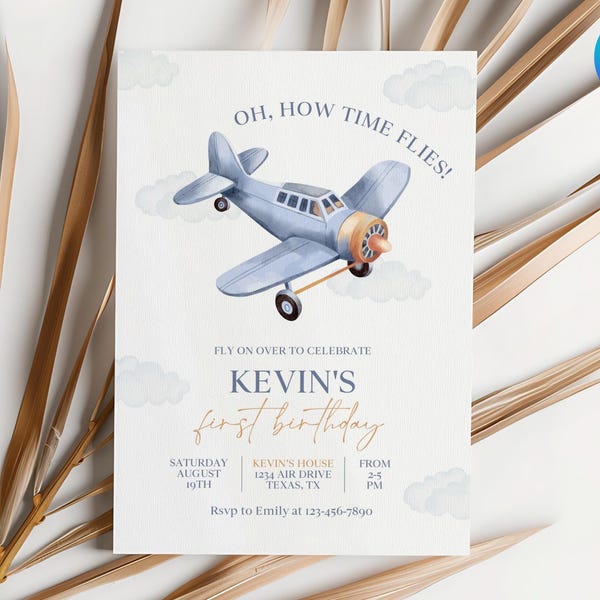 Airplane 1st Birthday Invitation, Oh My Time Flies First Birthday, Plane Party Invite, Jet Pilot 1st Bday Evite, Pilot Birthday Invite FL2