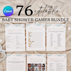 May include: A set of 76 printable baby shower games. The games are designed with a light blue and gold color scheme and feature a cloud and star design. The games include "Baby Shower Mad Libs", "Guess My Partnery", "Travel Around the World", "Find Someone Who", "After the Celebs", and "Singled Out Bingo".