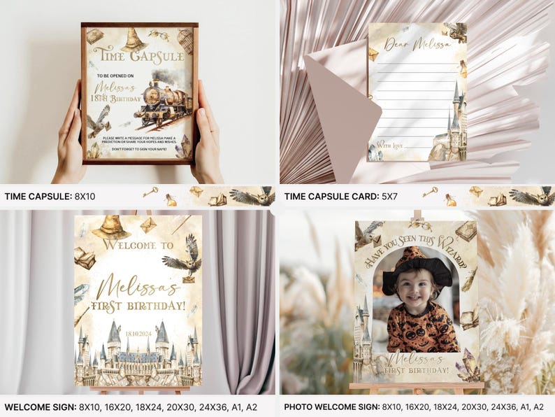 K&ouml;nnte beinhalten: Eine Sammlung thematischer Partydekorationen mit Vintage-&Auml;sthetik. Enth&auml;lt eine Zeitkapselbox, einen Brief, ein Willkommensschild und ein Foto-Willkommensschild. Die Designs zeigen Illustrationen einer Lokomotive, Eulen und einer Burg.