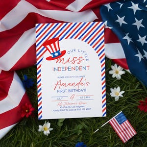Miss Independent 1e verjaardagsuitnodiging, Little Miss Patriotic verjaardagsuitnodiging, rode blauwe witte ster eerste verjaardagsuitnodiging kaart