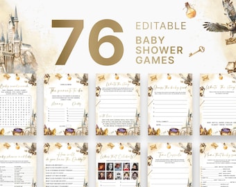 Puede incluir: Un conjunto de juegos de baby shower imprimibles con un tema mágico. Los juegos presentan una ilustración de acuarela de un castillo, búhos y un caldero. El texto en los juegos incluye "Baby Shower Games", "The Parents to Be", "Guess the Baby Food", "What's the Story?", "Baby Shower and Likes", "How Will You Know the Daddy?", "Time Capsule", y "Name That Baby Song".