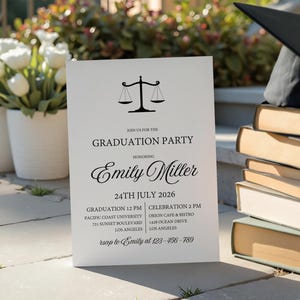 Faire-part pour l'obtention du diplôme d'avocat, faire-part de remise de diplôme d'avocat, carte d'invitation pour les jeunes diplômés, invitation pour un diplômé en droit, invitation pour une faculté de droit