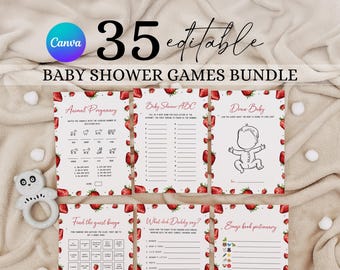 Strawberry Baby Shower Games Bundle, Summer Berry Sweet Baby Shower Games Set, Printable Girl Strawberry Baby Shower Games Package KJ5