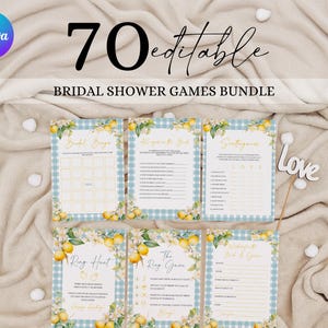 May include: A collection of six bridal shower game cards with a lemon theme. The cards have a blue gingham background and are decorated with lemon and floral illustrations. The text "70 editable Bridal Shower Games Bundle" is at the top.