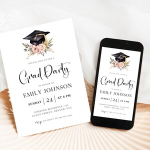May include: A graduation party invitation and a smartphone displaying the same design. The invitation features a black graduation cap, pink flowers, and the text "Grad Party" with event details. The smartphone is black.