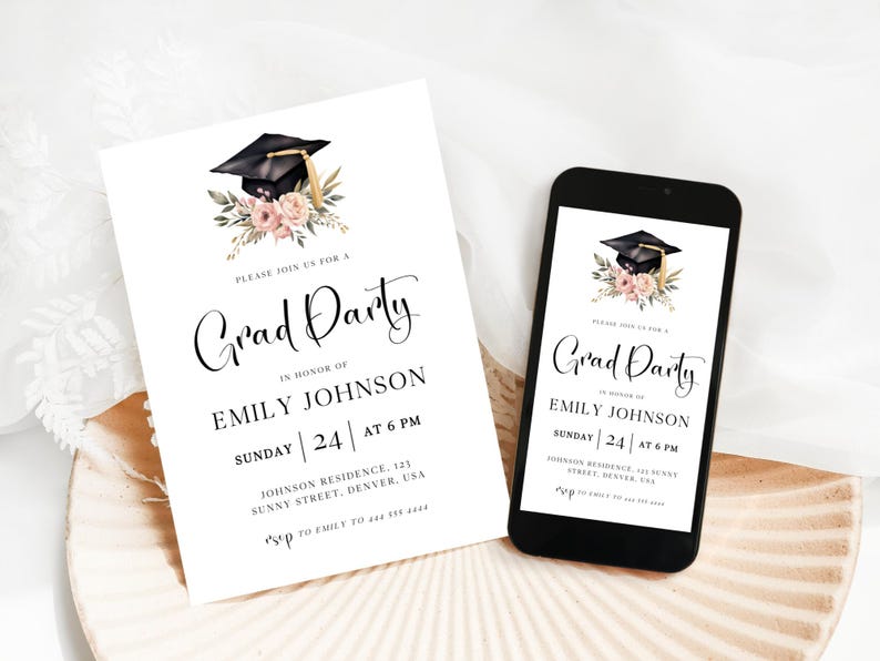May include: A graduation party invitation and a smartphone displaying the same design. The invitation features a black graduation cap, pink flowers, and the text "Grad Party" with event details. The smartphone is black.