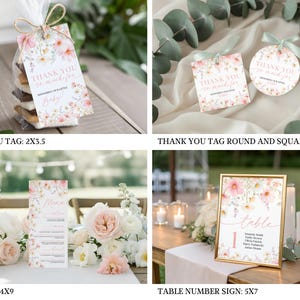 Editable Canva Baby In Bloom bundle featuring a pink cosmos wildflower–themed baby shower invitation with matching RSVP and thank you card templates, showcasing delicate pink blooms, green foliage, and modern script fonts on a white background
