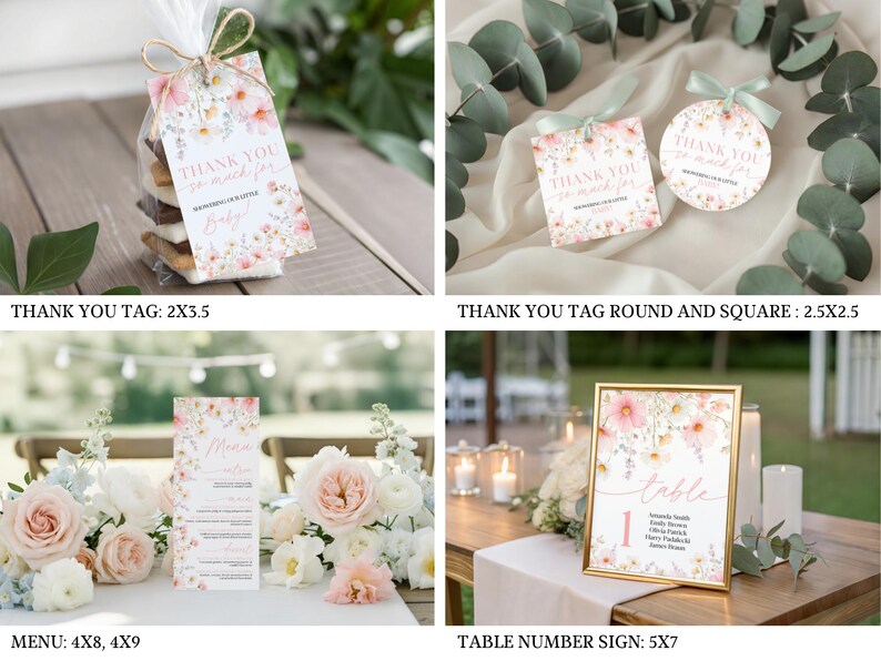 Editable Canva Baby In Bloom bundle featuring a pink cosmos wildflower–themed baby shower invitation with matching RSVP and thank you card templates, showcasing delicate pink blooms, green foliage, and modern script fonts on a white background