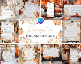 May include: A collection of fall-themed baby shower decorations. The bundle includes invitations, signs, and thank you tags, all featuring watercolor pumpkins and floral accents. The overall color scheme is warm, with orange, cream, and brown tones.