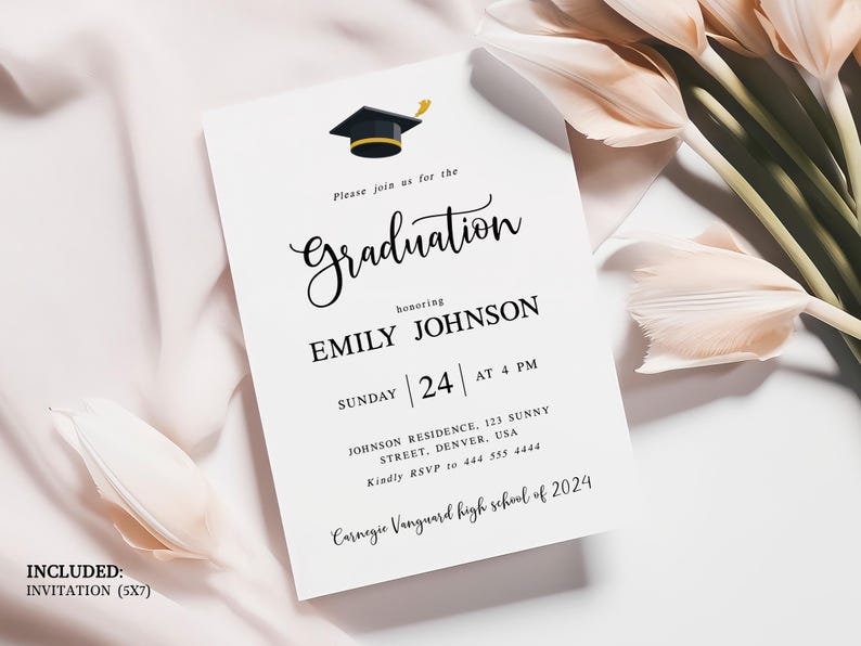 K&ouml;nnte beinhalten: Eine wei&szlig;e Graduationseinladung mit schwarzem Text. Die Einladung zeigt eine schwarze Graduationskappe mit goldener Quaste. Der Text lautet "Bitte begleiten Sie uns zur Graduation zu Ehren von Emily Johnson Sonntag, 24. um 16:00 Uhr Johnson Residence, 123 Sunny Street, Denver, USA Bitte melden Sie sich unter 444 555 4444 an Carnegie Vanguard High School von 2024".