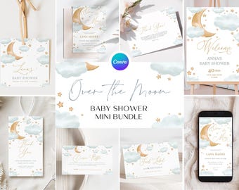 Over the Moon Baby Shower Invitation Bundle Gold Baby Shower Moon Stars Invite Editable Games Printable Moon and Stars Decorations PQ4