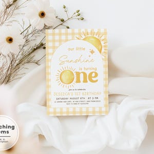 Our Little Sunshine First Birthday Invitation – Yellow Gingham Arch Sun Theme (Editable Canva Template)