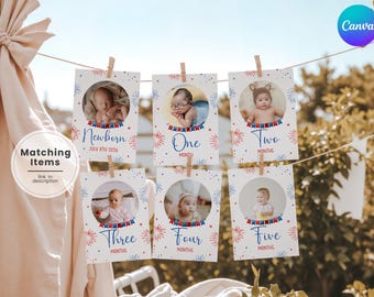 Little Firecracker First Year Monthly Photo Banner, Fourth of July Birthday Photo Banner, Editable Patriotic Birthday 12 Month Banner FJ1