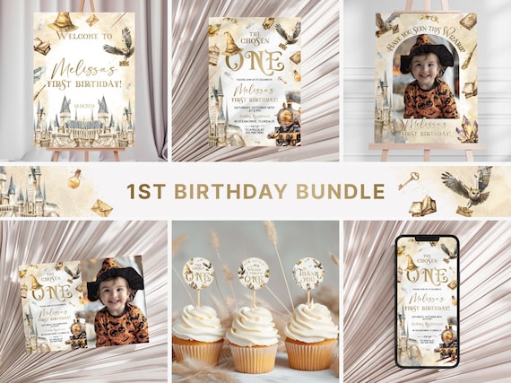 Chosen One Birthday Bundle, Wizards 1st Birthday Invitation, Magic School Birthday Party Supplies, Witches First Birthday Party Package WZ1