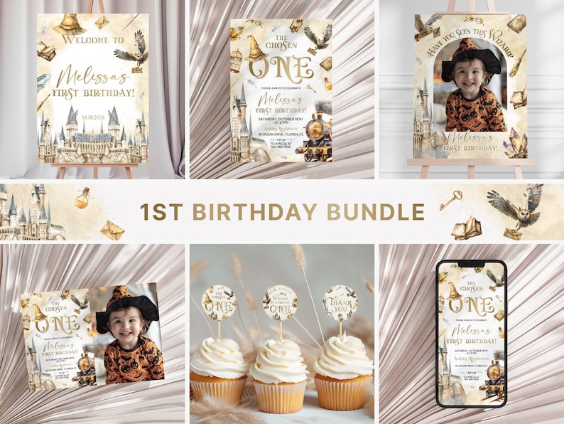 K&ouml;nnte beinhalten: Ein Set mit Partydekorationen zum ersten Geburtstag. Das Set enth&auml;lt ein Willkommensschild, Einladungen, Cupcake-Topper und ein gerahmtes Foto, alle mit einem Zaubererthema mit Illustrationen eines Schlosses, Eulen und dem Text "Melissa's First Birthday!"