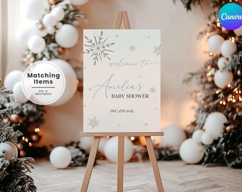 Cartel de bienvenida para baby shower con copos de nieve, Póster de bienvenida para baby shower con copos de nieve, Letrero de bienvenida para baby shower navideño, Decoración de baby shower de invierno SF2