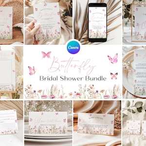 Puede incluir: Un paquete de ducha nupcial imprimible con temática de mariposas. El paquete incluye invitaciones, juegos y decoraciones. Los diseños presentan mariposas, flores y vegetación de acuarela en tonos rosa, verde y blanco.