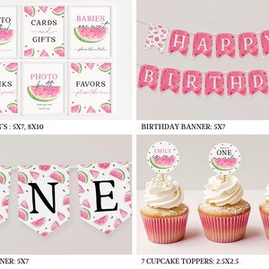 May include: Watermelon-themed birthday party decorations, including table signs, a banner, and cupcake toppers. The signs feature phrases like "Photo Booth", "Drinks", and "Favors". The banner says "Happy Birthday" and the cupcake toppers have watermelon slices with the text "Emily is One", "One", and "Happy Birthday".