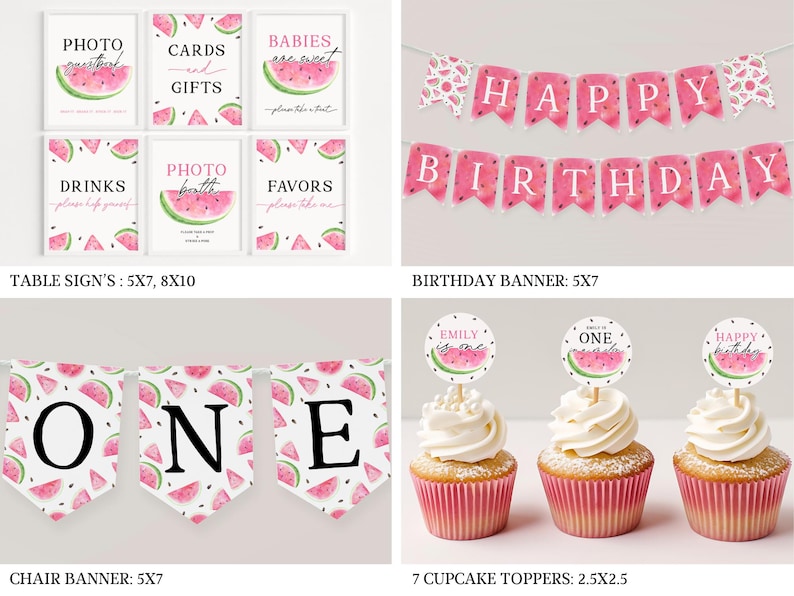 May include: Watermelon-themed birthday party decorations, including table signs, a banner, and cupcake toppers. The signs feature phrases like "Photo Booth", "Drinks", and "Favors". The banner says "Happy Birthday" and the cupcake toppers have watermelon slices with the text "Emily is One", "One", and "Happy Birthday".