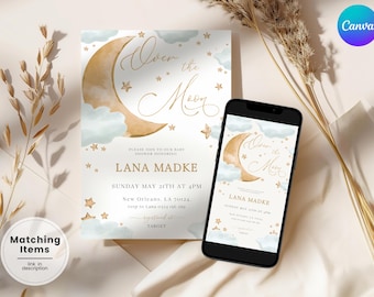 Over the Moon Invitation Golden Moon and Stars Baby Shower Invite We're Over the Moon Baby Shower Gender Neutral Baby Shower Invitation PQ4