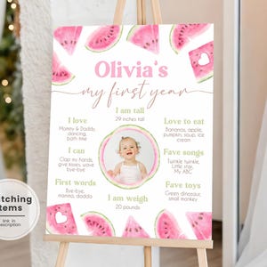 Tableau des jalons du 1er anniversaire pastèque rose, affiche des statistiques de la fête de la première année One in a melon, panneau d'étape modifiable pour le 1er anniversaire de l'été TM1