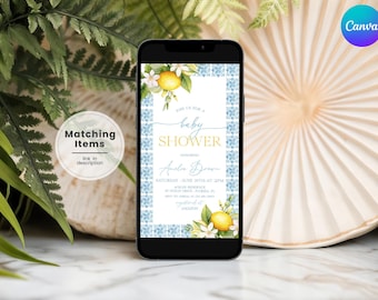 Mediterranean Baby Shower Evite, Lemon Baby Shower Phone Invitation, Digital Italian Baby Shower Evite, Lemonade Shower Smartphone Evite LB1