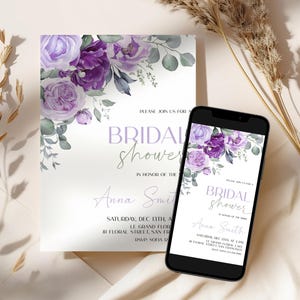 May include: Purple floral bridal shower invitation with a watercolour design. The invitation includes the text "Please join us for a bridal shower in honour of Anna Smith" and the date and time of the event.