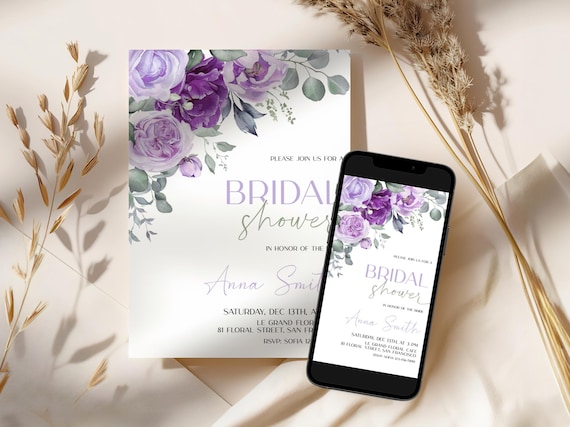 Editable Purple Bridal Shower Invitation, Summer Bridal Shower Evite, Lilac Flowers Bridal Shower Paperless Evite, Floral Bridal Invite