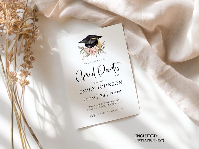 May include: A white graduation party invitation with a black mortarboard and floral design. The invitation reads "Grad Party" and includes details for Emily Johnson's celebration, including the date, time, and location. The invitation is 5x7 inches.