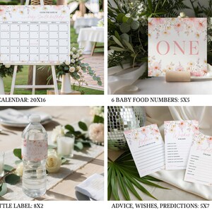 Editable Canva baby shower bundle featuring pink cosmos wildflower illustrations with soft green leaves, including invitation, RSVP card, menu sign and thank you note in pastel pink and white with delicate hand-drawn botanical accents.