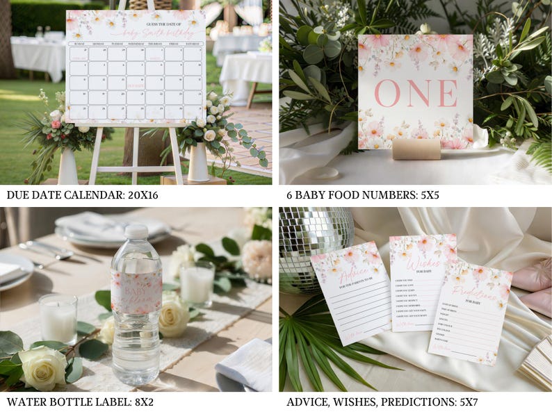 Editable Canva baby shower bundle featuring pink cosmos wildflower illustrations with soft green leaves, including invitation, RSVP card, menu sign and thank you note in pastel pink and white with delicate hand-drawn botanical accents.