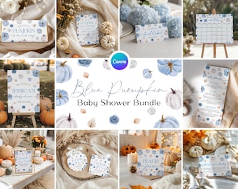 Puede incluir: Colección de decoraciones para baby shower con temática de calabaza azul. La imagen incluye invitaciones, letreros y etiquetas de comida. El texto central dice "Blue Pumpkin Baby Shower Bundle". También hay calabazas y detalles florales.