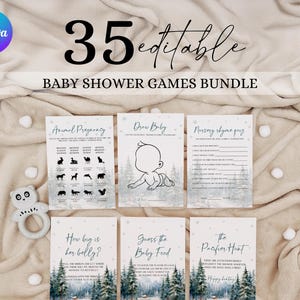 Zestaw gier na baby shower „Zimowa Kraina Czarów”, do druku gra na baby shower „Zimno na dworze”, edytowalne gry na imprezę „Zimowe baby shower” NF2