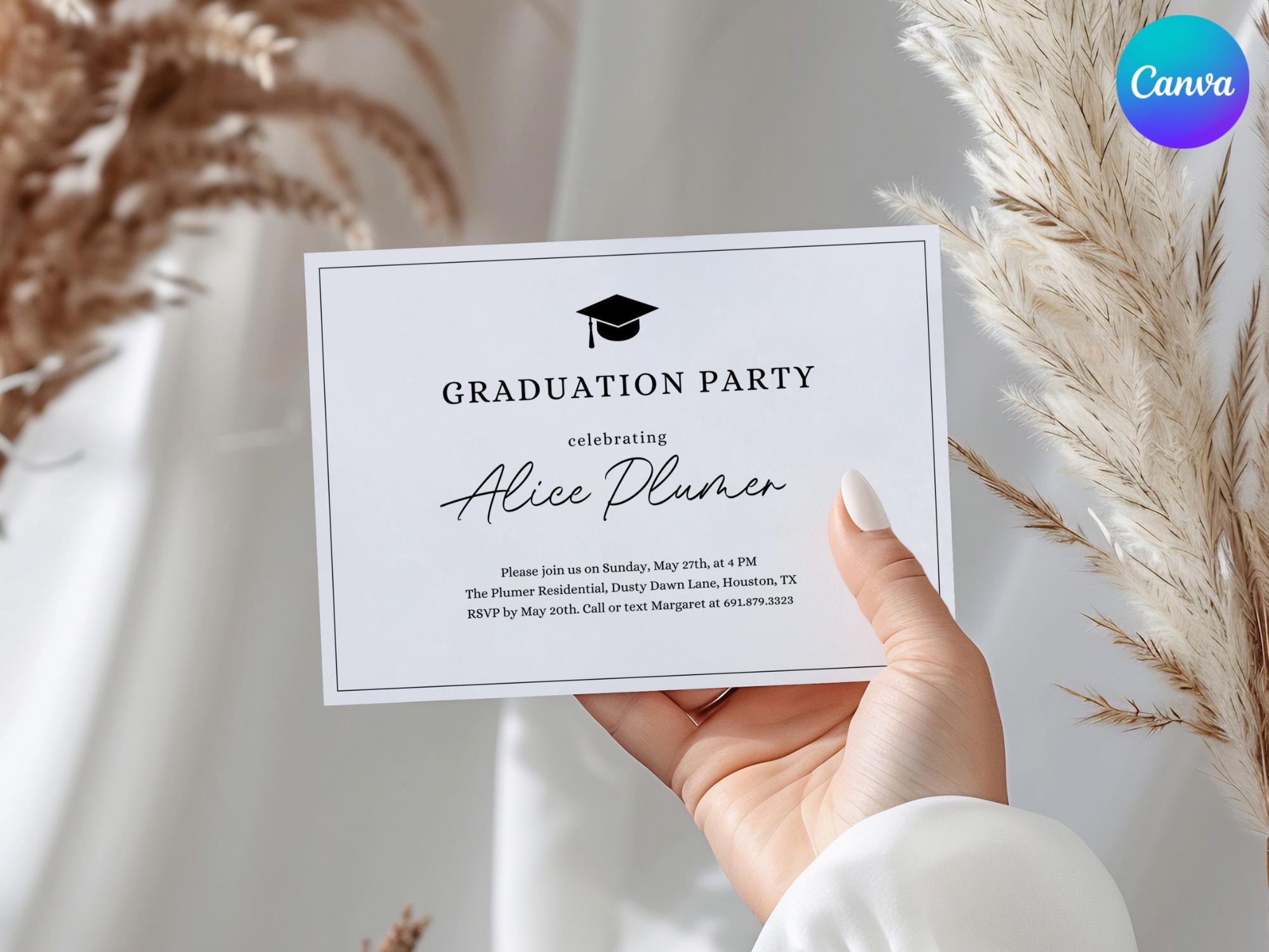 Minimalist Grad Invitation Card, Printable Mini Graduation Invite, Editable Graduating Details Card, Stylish Grad Party Announcement Card