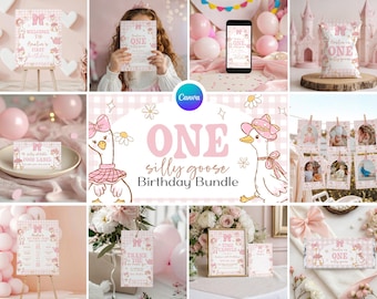 Silly Goose 1st Birthday Party Bundle, Pink Silly Goose Birthday Bundle, Goose 1st Birthday Party Bundle, Barnyard Goose Birthday Card GX1