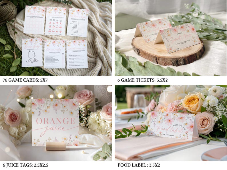 A laptop screen displaying an editable Canva baby shower invitation template surrounded by printed cards and envelopes, all featuring watercolor pink cosmos wildflowers and green foliage on a soft ivory background in a botanical style.